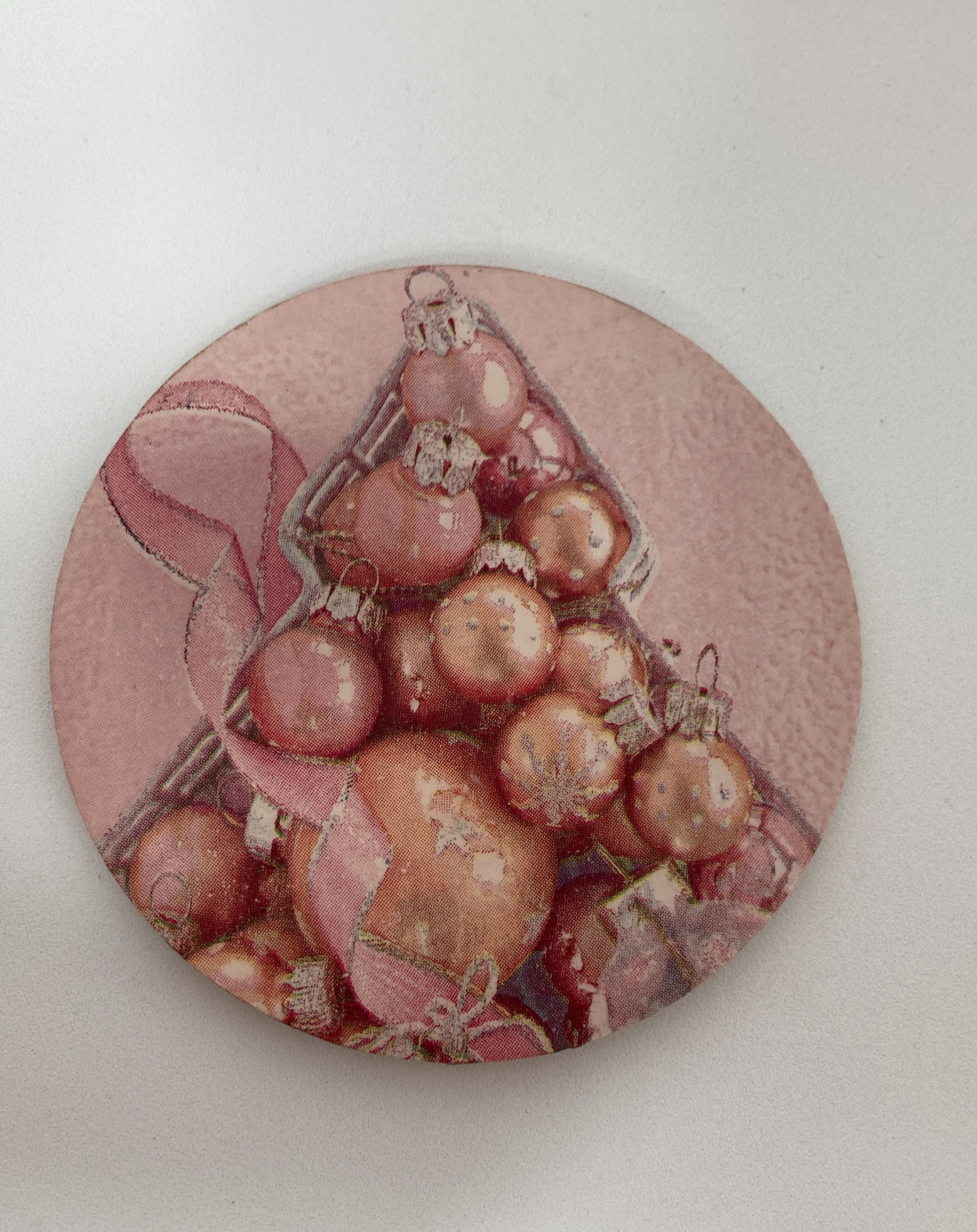 Decoupaged coaster pink Christmas baubles