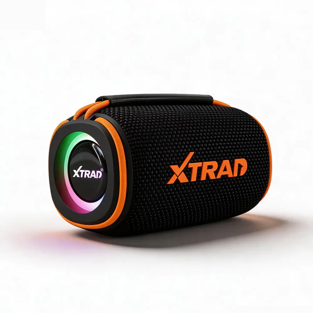 Caixa de som Bluetooth Xtrad preta e laranja com luzes
