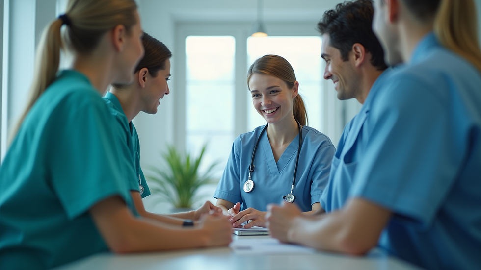 Eye-level view of a nurse discussing patient care with a healthcare team