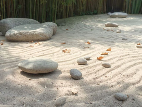 Slightly disorganized zen garden with smooth stones and raked sand in wavy patterns, surrounded by bamboo. Fallen leaves add a serene, natural touch. Disorder is symbolizing low resilience.