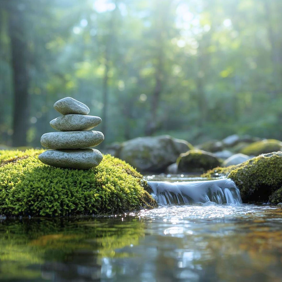 Stacked stones on mossy rock beside a small waterfall in a serene forest. Sunlight filters through green foliage, creating a peaceful mood. Symbolizing vagal relaxation.