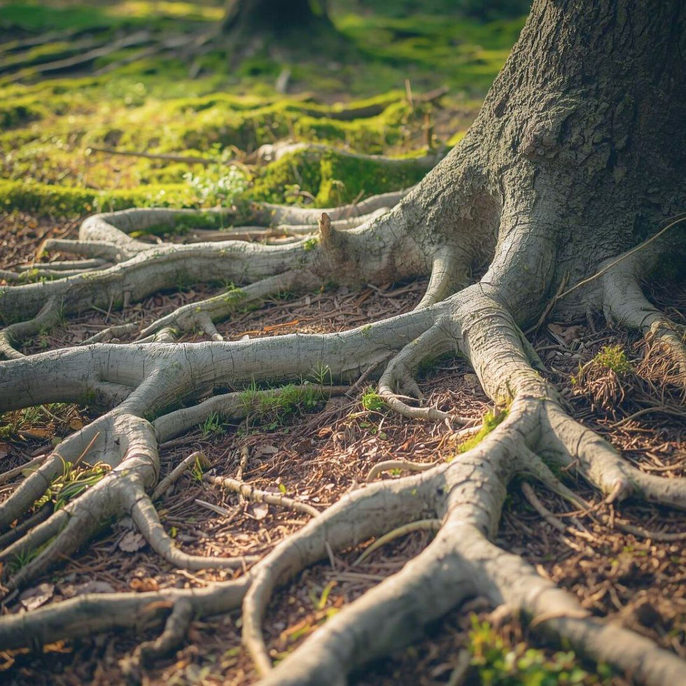 Tree roots stretch across a forest floor with dappled sunlight. Moss and leaves cover the ground, creating a serene, natural setting. Symbolizing nervous system.