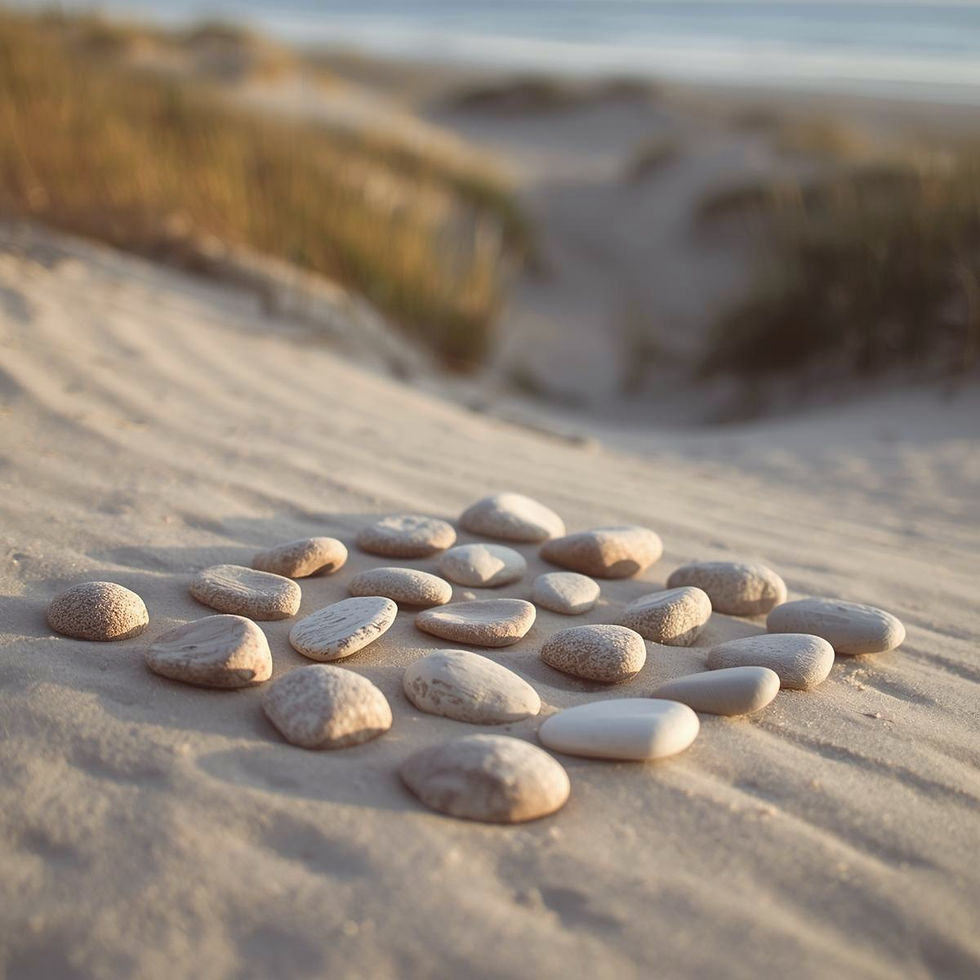 Smooth pebbles arranged on sandy beach, with dunes and grasses in background under soft light, creating a calm and serene atmosphere. Symbolizing calmness when organizing the dream.