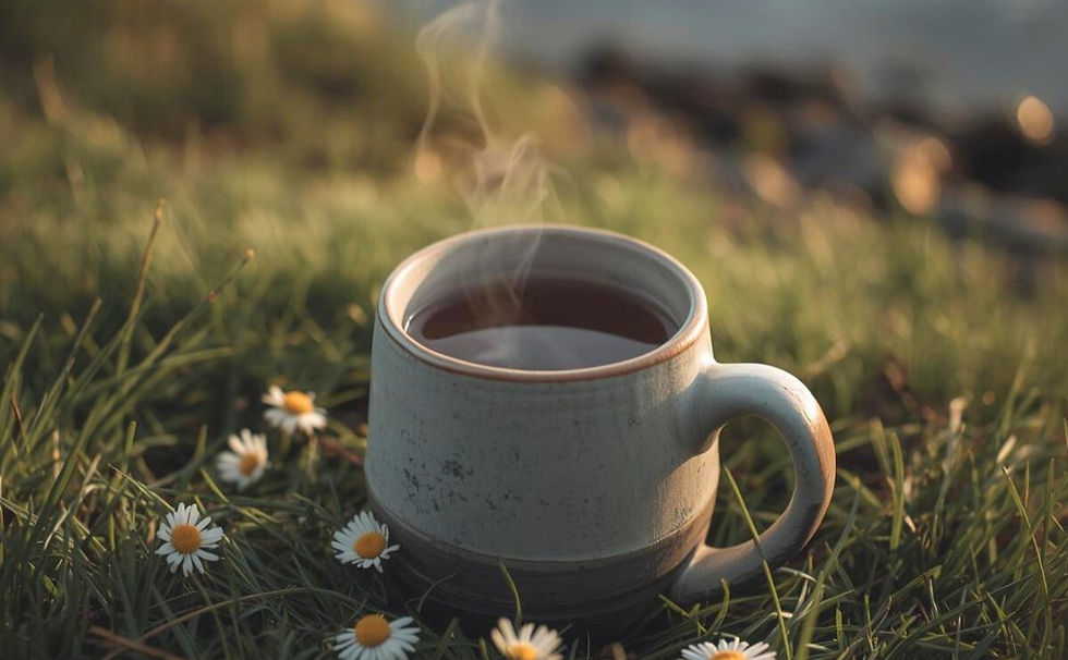 A steaming cup on grass surrounded by daisies near a lake. The serene setting and warm tones convey a peaceful, calming mood. Symbolizing foods that support better sleep.