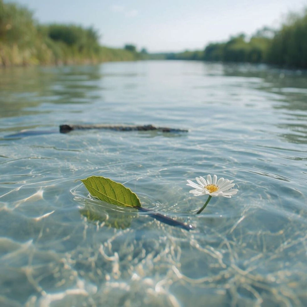 White daisy floating on clear river water with a green leaf. Sunlight creates patterns on the water surface. Calm and serene atmosphere. Symbolizing how to find find your own movement type.