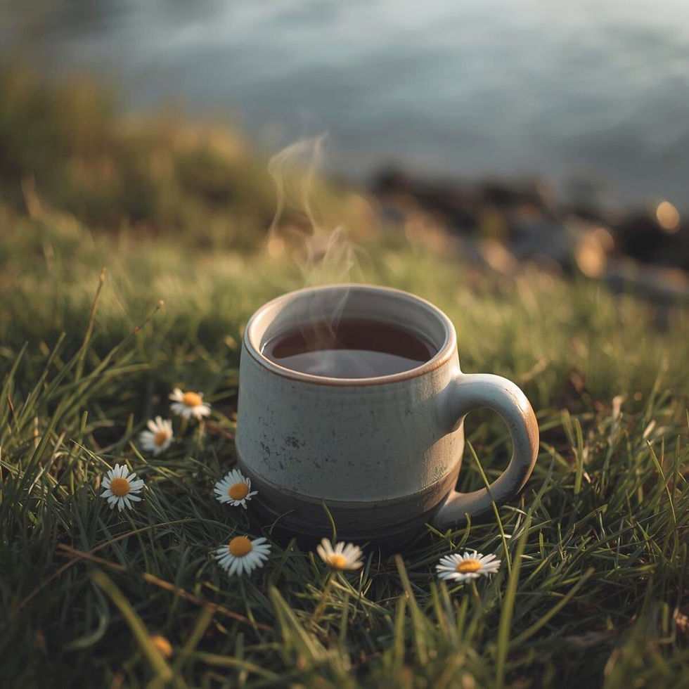 A steaming cup on grass surrounded by daisies near a lake. The serene setting and warm tones convey a peaceful, calming mood. Symbolizing foods that support better sleep.