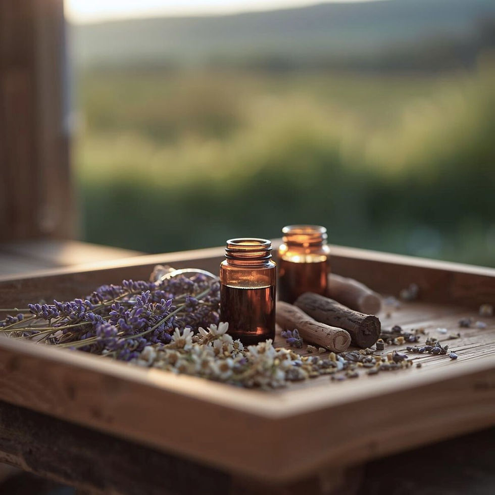 Brown glass bottles on a wooden tray with lavender and flowers. Soft, warm light creates a serene atmosphere. Background shows blurred greenery. Symbolizing supplements that support better sleep.
