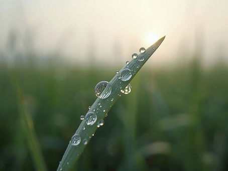 Close-up of dew droplets on a green blade of grass against a blurry, misty sunrise background, creating a serene and fresh atmosphere. Symbolizing sleeping quantity.