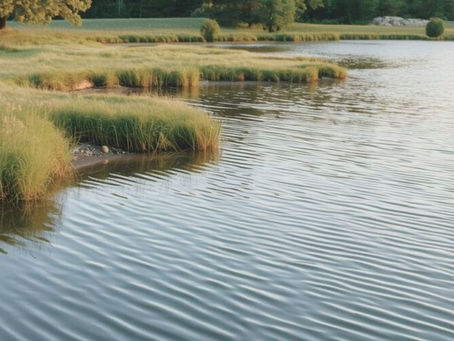 Calm lake with rippling water, bordered by green grassy patches. Trees line the background, creating a tranquil, natural setting. Symbolizing natural circadian rhythm.