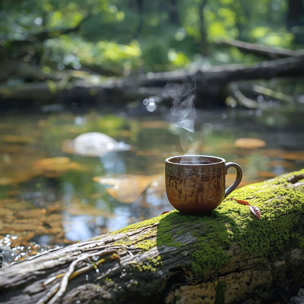 A steaming brown mug on a mossy log by a tranquil forest stream. Sunlight filters through trees, creating a serene, peaceful mood. Symbolizing calm brake.