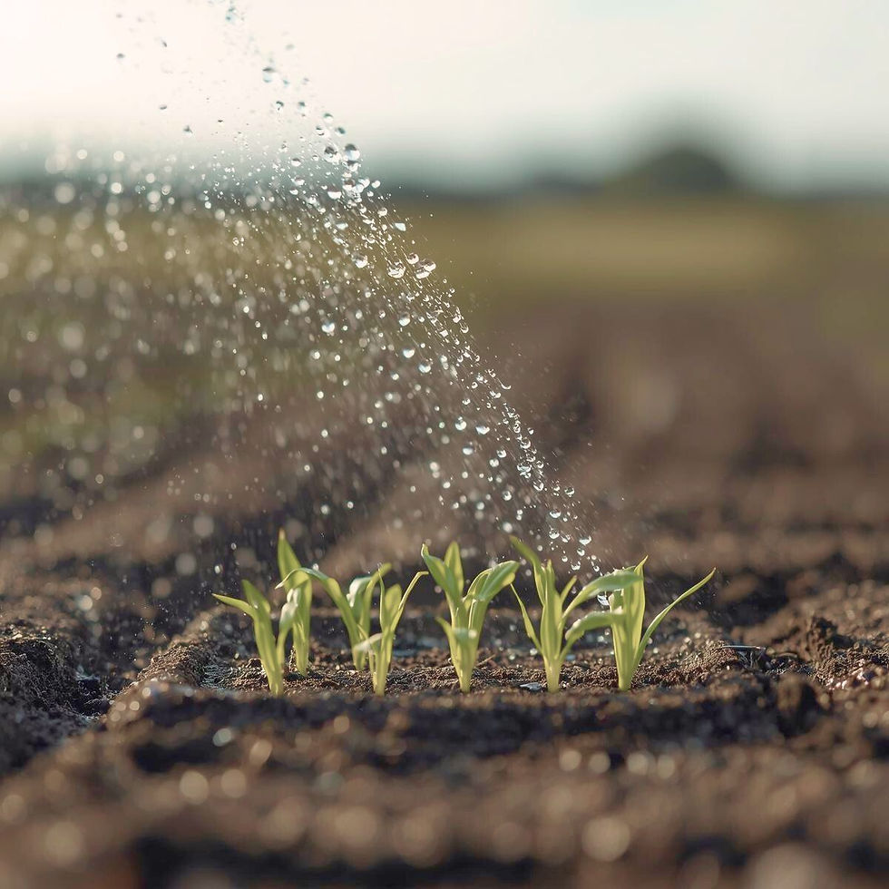Young green seedlings in soil are being watered. Sunlit field in the background creates a fresh, nurturing atmosphere. Symbolizing consistence while building dream.