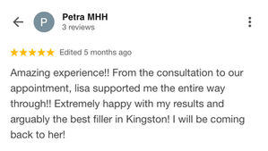 Five-star Google review praising lip filler results, supportive consultations, and natural-looking outcomes at LDiva Medical Aesthetics.