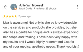 Five-star Google review highlighting medical aesthetics expertise, gentle treatment techniques, and excellent client results.