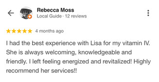 Five-star Google review describing IV vitamin therapy treatment, increased energy, and exceptional client experience with LDiva Medical Aesthetics.