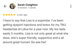 Five-star Google review discussing neuromodulator treatments for TMJ concerns, long-lasting results, and exceptional client care.