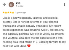 Five-star Google review discussing anti-wrinkle treatments, natural-looking rejuvenation, and professional injectable services.