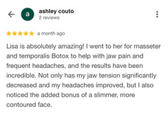 Five-star Google review discussing jaw contouring treatment, headache relief, and positive results from neuromodulator treatments at LDiva Medical Aesthetics.