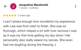Five-star Google review discussing lip enhancement treatment, thorough consultations, and a welcoming client experience.