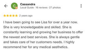 Five-star Google review praising ongoing education, advanced medical aesthetic treatments, and exceptional client care.