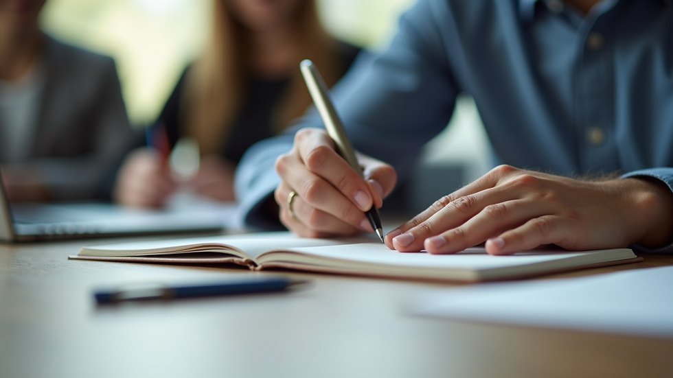 Close-up view of a person writing in a notebook during a career coaching session