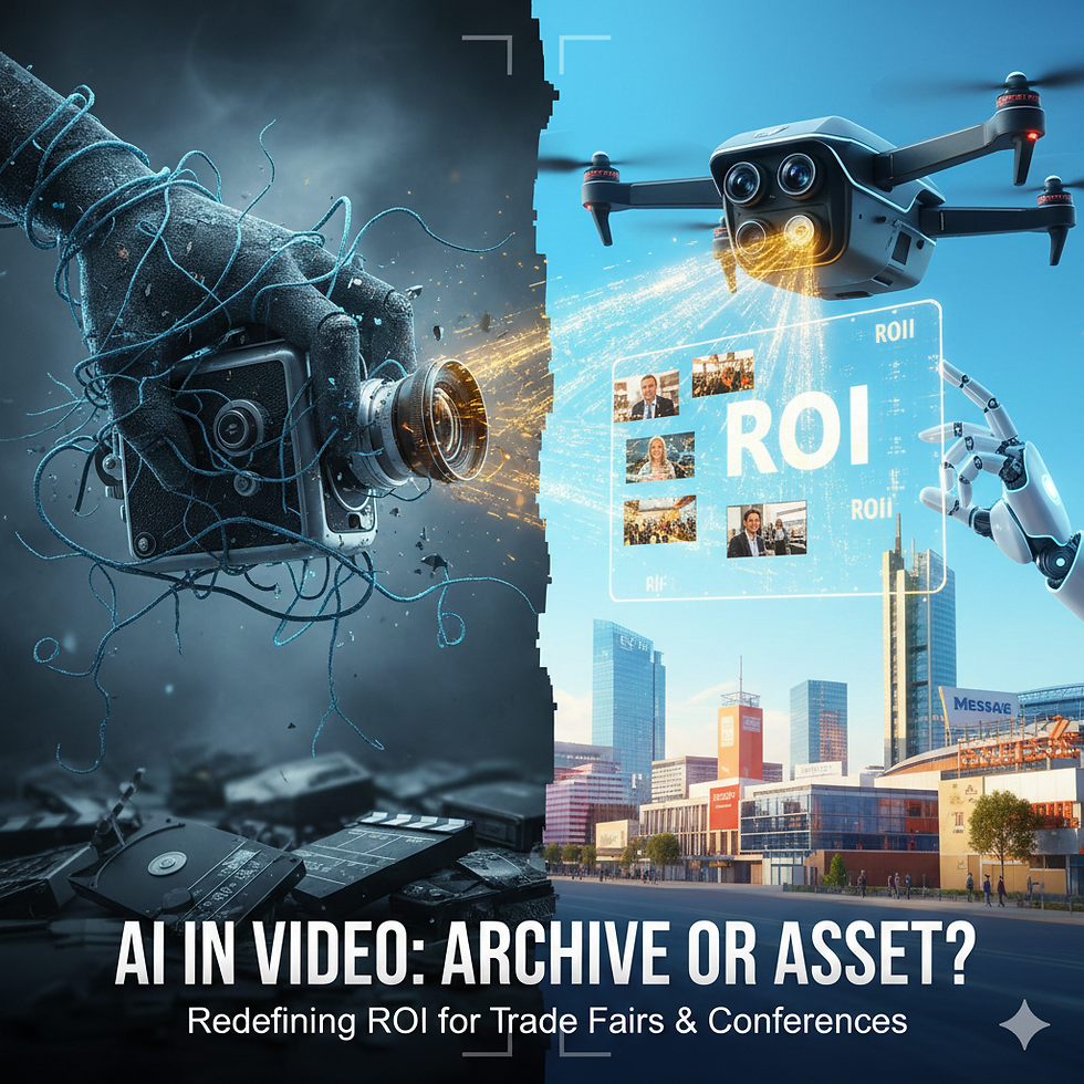 Hier ist die Übersetzung für Ihren grafischen Header oder die Bildbeschreibung:
„Eine Split-Screen-Illustration, die traditionelle, verhedderte Filmkameras mit moderner KI-gestützter Drohnen-Videoproduktion auf einer deutschen Messe vergleicht, unter dem Titel: ‚KI im Video: Archiv oder Asset