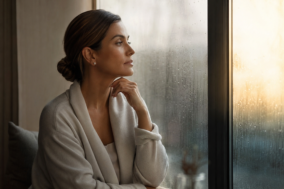 Mulher adulta olha pensativa pela janela com gotas de chuva, mão no rosto, em ambiente acolhedor com luz quente — representando a dificuldade de nomear emoções no TDAH e alexitimia