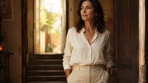 Mulher adulta entre 40 e 50 anos, elegantemente vestida com camisa de seda off-white e calça bege, encostada em uma porta de madeira antiga entreaberta. Ao fundo, uma escada e luz natural dourada entrando por uma janela. Sua expressão é serena e introspectiva, o olhar direcionado para além do quadro. A imagem simboliza um momento de transição consciente — o limiar entre o esgotamento e a reconstrução.