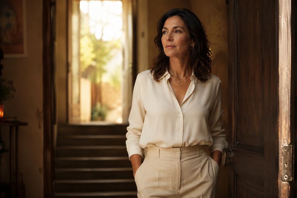 Mulher adulta entre 40 e 50 anos, elegantemente vestida com camisa de seda off-white e calça bege, encostada em uma porta de madeira antiga entreaberta. Ao fundo, uma escada e luz natural dourada entrando por uma janela. Sua expressão é serena e introspectiva, o olhar direcionado para além do quadro. A imagem simboliza um momento de transição consciente — o limiar entre o esgotamento e a reconstrução.