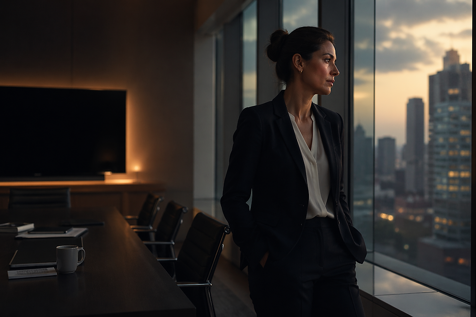 Mulher executiva sozinha em sala de reunião, olhando pela janela ao entardecer, com expressão contemplativa — representando o esgotamento silencioso de líderes em posições de alta responsabilidade.