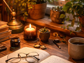 Diário aberto com óculos e xícara de café sobre mesa de madeira — ambiente de estudo e introspecção de adulto com alta habilidade