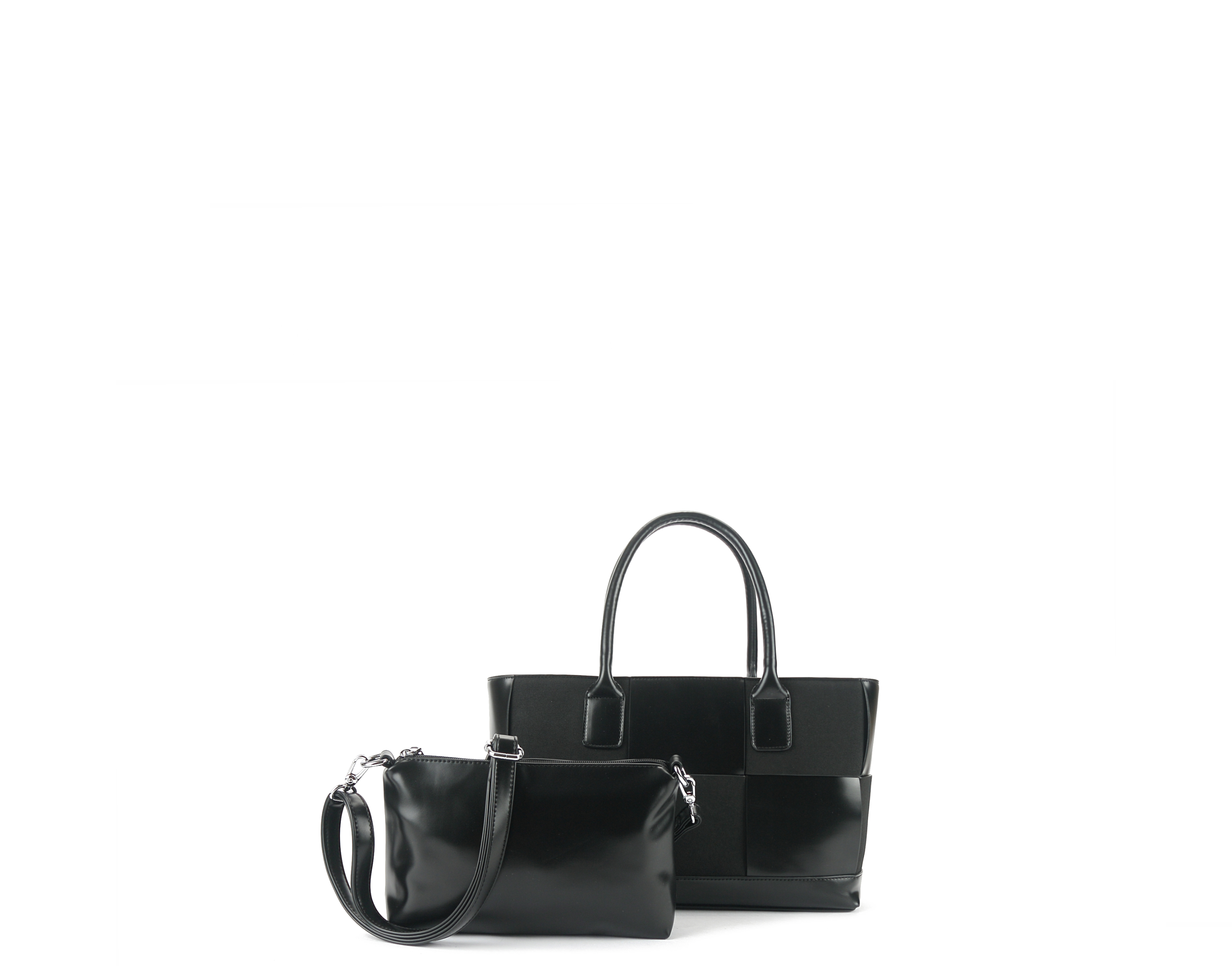 Black vegan leather satchels with pouch front view