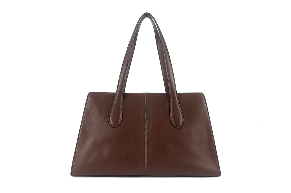 Thumbnail: Structured brown tote bag with long handles, a center seam, and a matching detachable pouch charm with gold hardware.