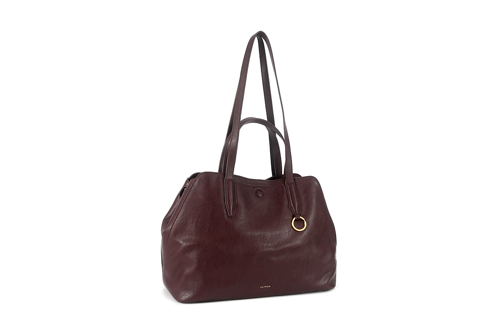 Thumbnail: Burgundy soft shopper tote with short and long handles, a gold-tone ring charm, and subtle AUTRON logo.