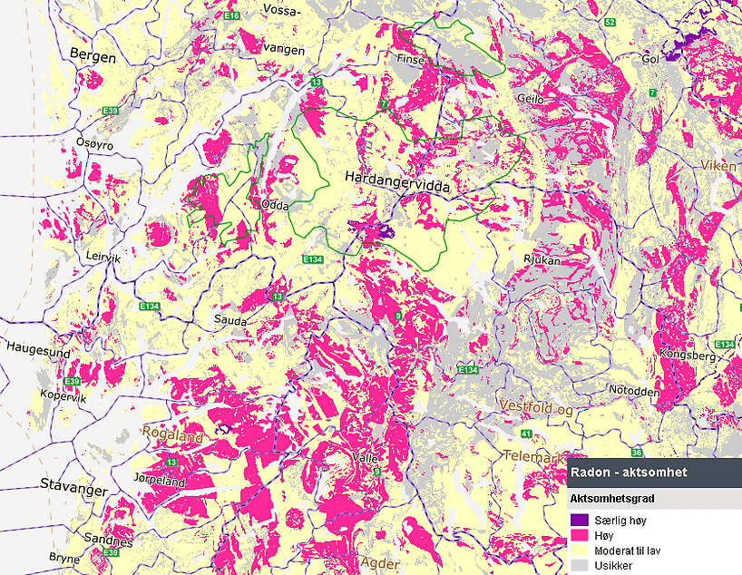 Radonkart over Vestlandet.