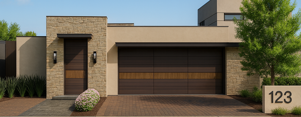 Casa moderna con techo plano, exterior de piedra y estuco, puertas de garaje de madera y diseño minimalista y limpio de Barreda Design.