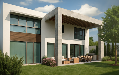 Patio trasero de casa moderna con patio cubierto, comedor al aire libre y ventanas altas de Barreda Design.