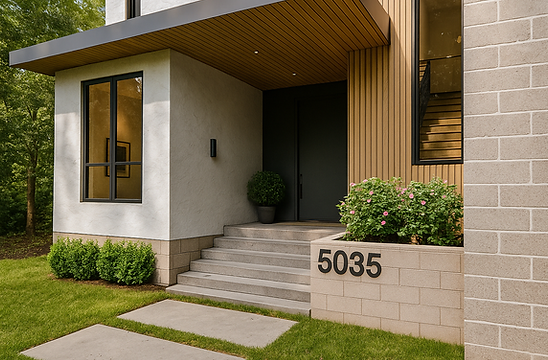 Entrada de casa moderna con revestimiento de madera, paredes de estuco, ventanas negras y escalones de concreto de Barreda Design.