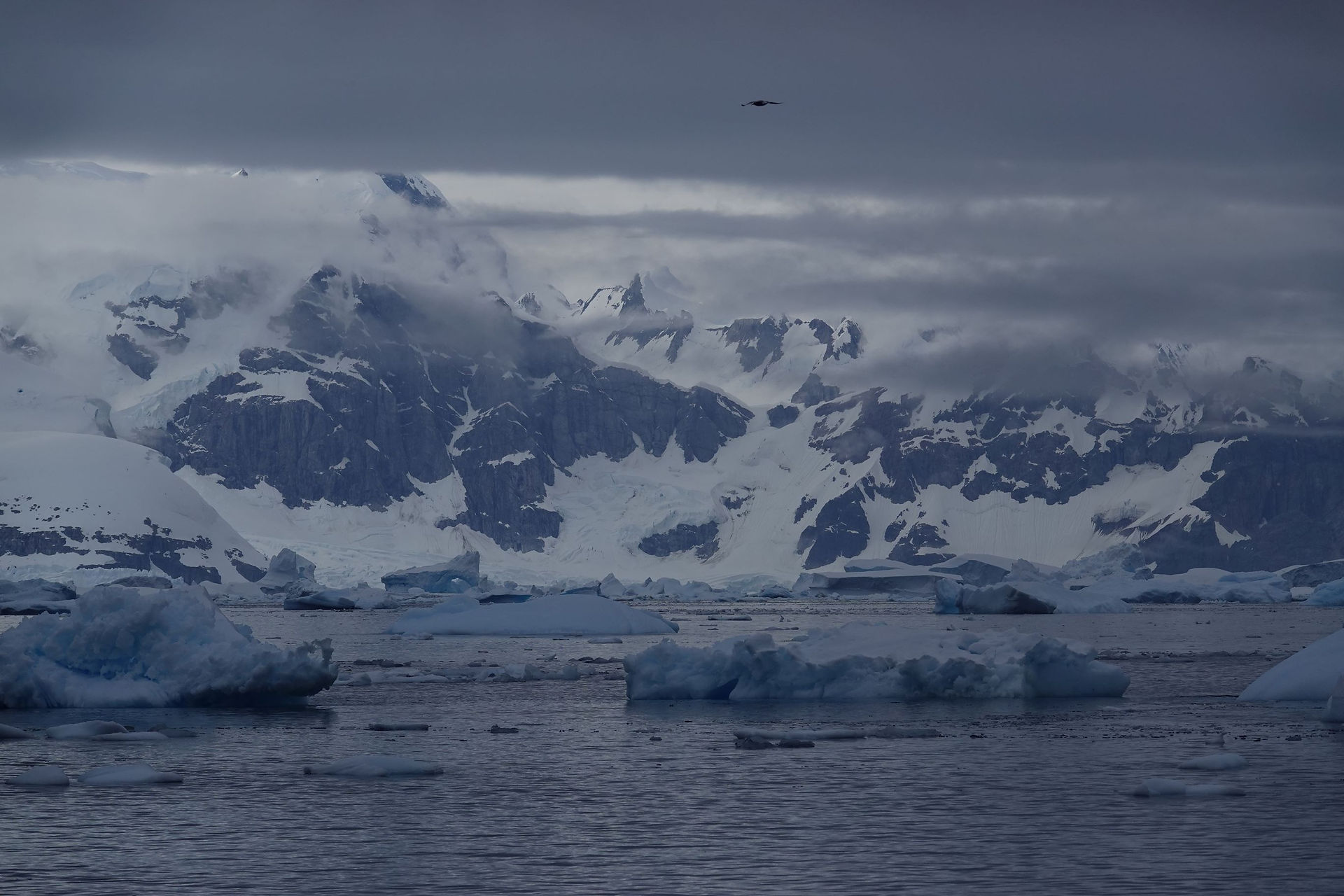 Snowy peaks of Antactica's mainland through mist and clouds