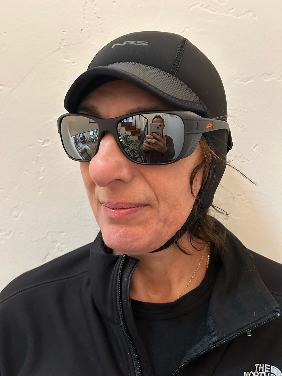 Showing off new NRS Storm Cap and Julbo glacier sunglasses