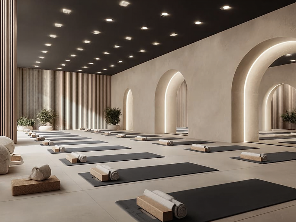 HILI Fitness and Beauty Salon in Florida featuring a quiet luxury wellness interior with soft neutral tones, natural textures, sculptural finishes, and a refined balance of fitness and beauty spaces.