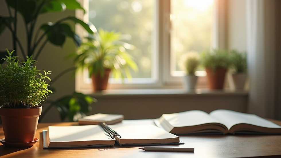 Close-up view of a cozy home office with natural light and plants