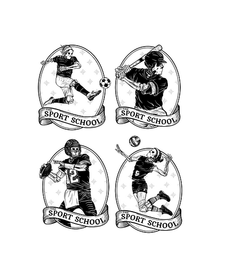 The Sport School Soccer Baseball Football and Volleyball logos