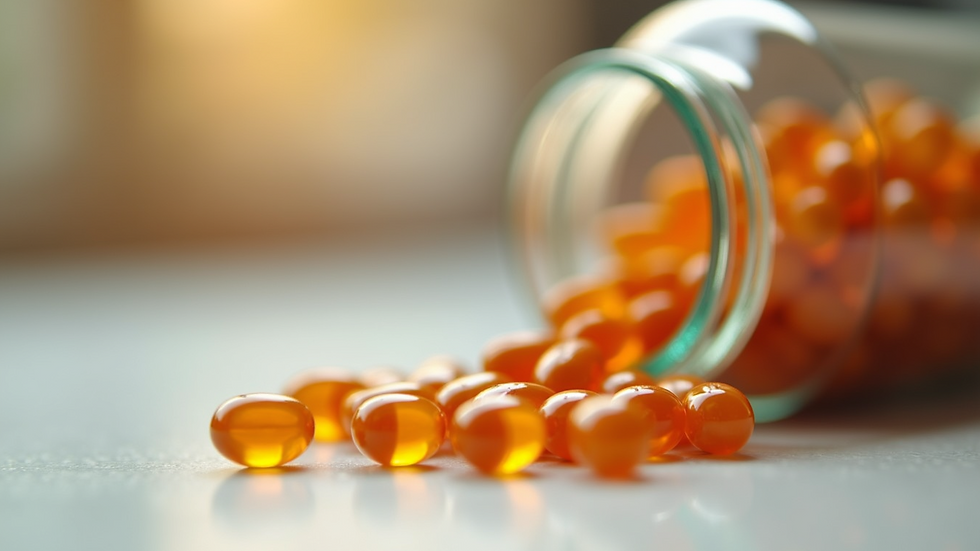 Close-up view of probiotic capsules spilling from a glass jar