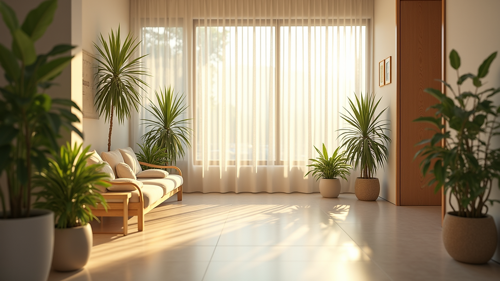 Eye-level view of a serene wellness center with natural light and plants