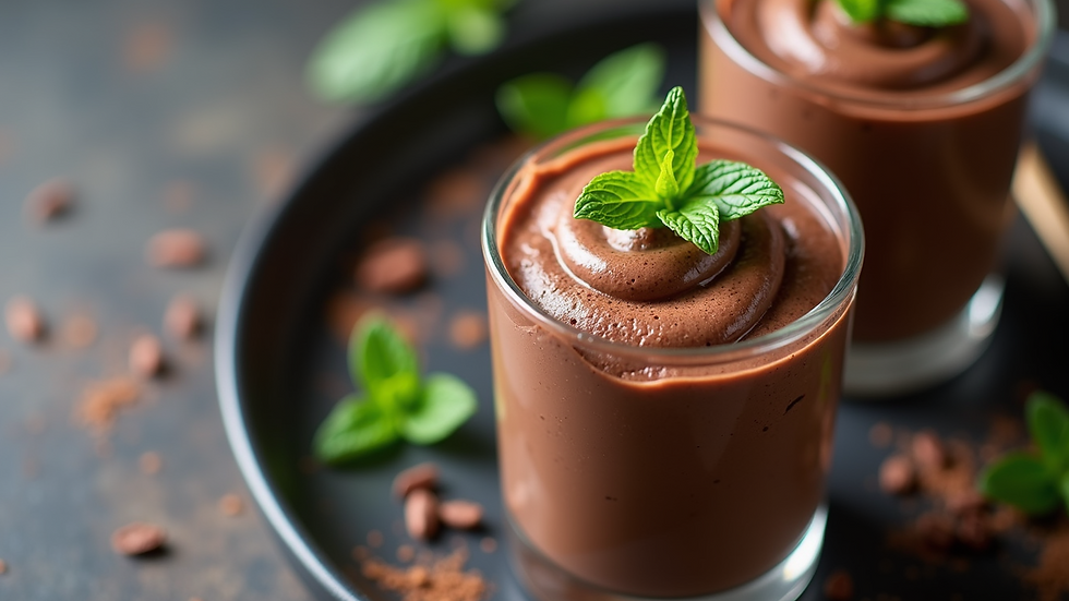 High angle view of vegan chocolate mousse served in glass jars with fresh mint leaves on top