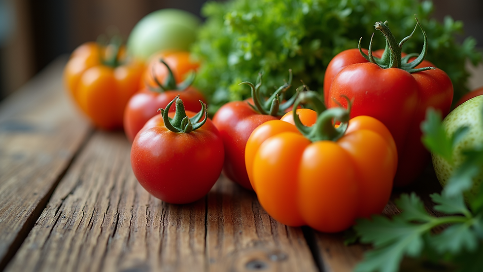 Close-up view of fresh vegetables and fruits on a wooden table