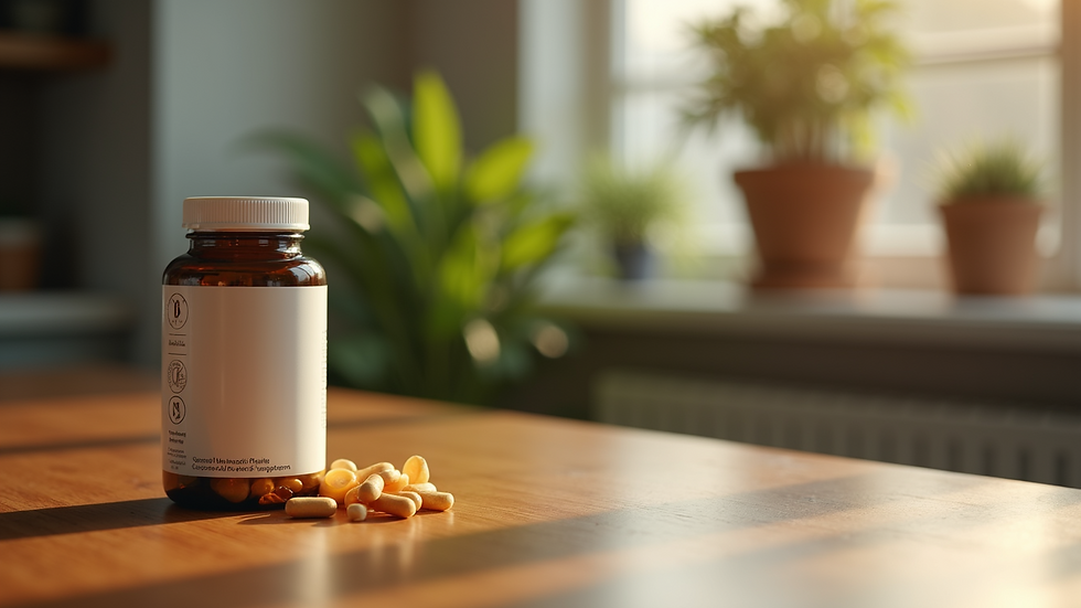 Eye-level view of a bottle of natural supplements on a wooden table