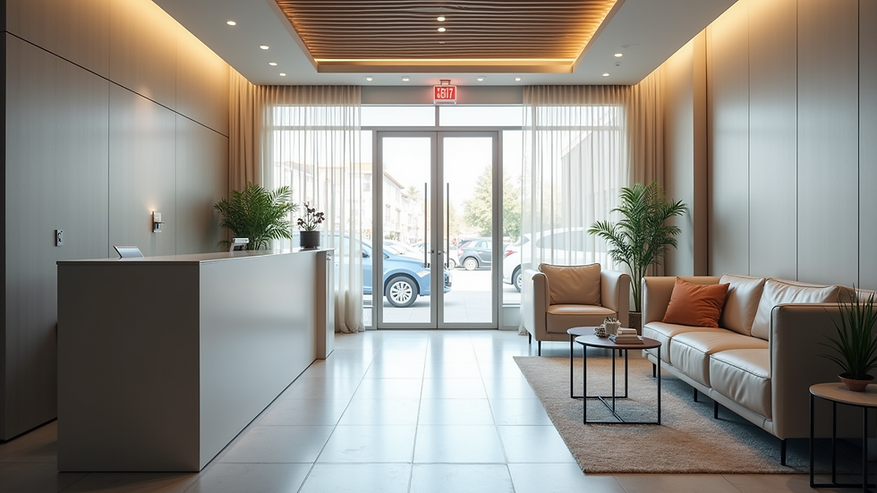 Eye-level view of a modern clinic reception area with comfortable seating