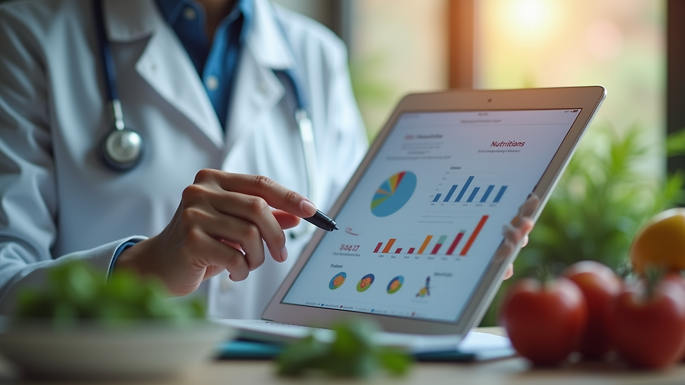 Close-up view of a health professional analyzing personalized nutrition data on a tablet