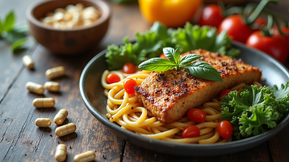 High angle view of a healthy meal with supplements on the side
